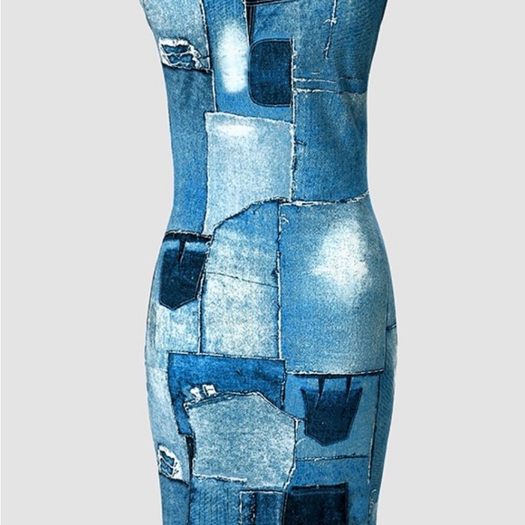 Denim Look Print Sleeveless U-Neck Bodycon Dress - Picture 2 of 4